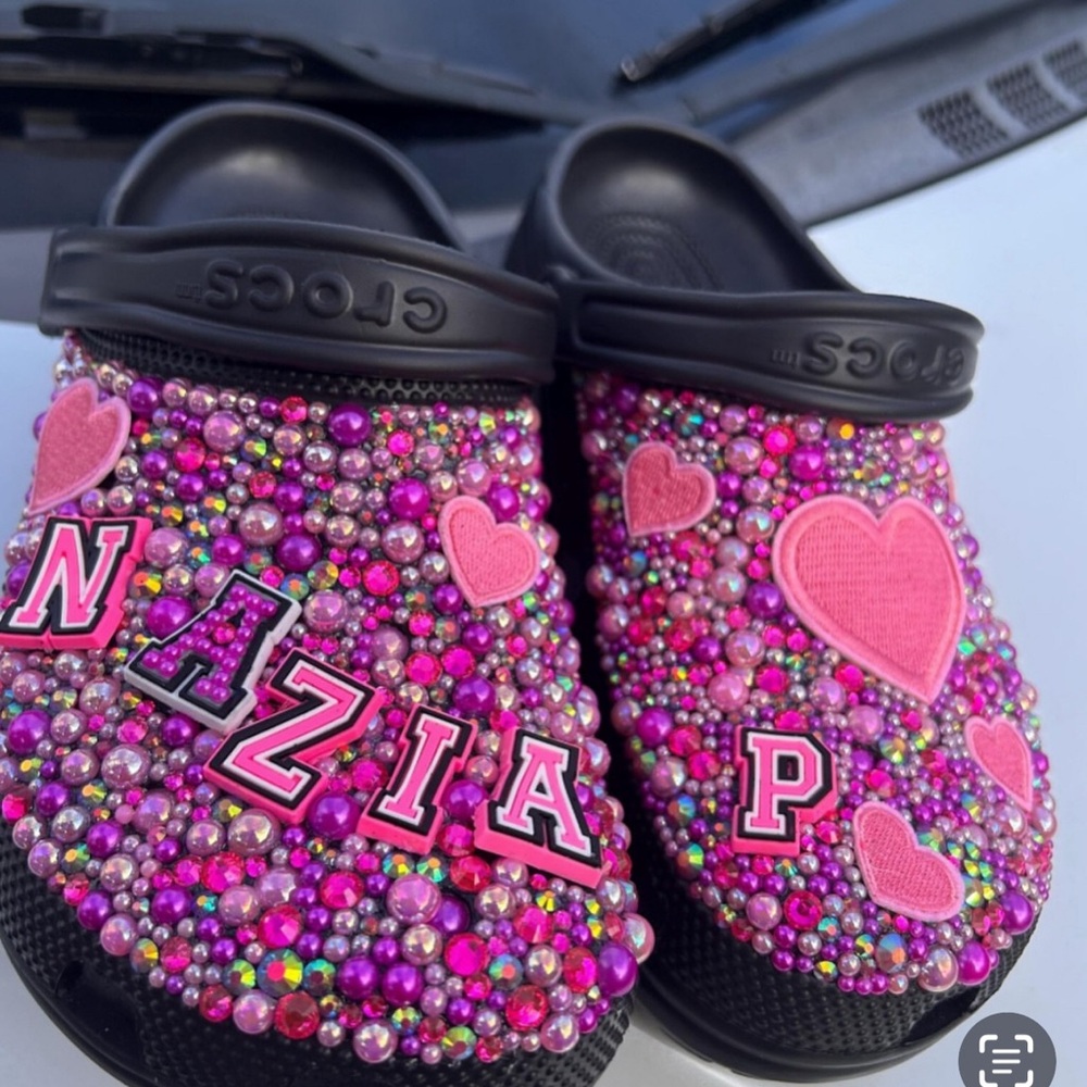 CROCS Kids Black and Pink Beaded Slippers
